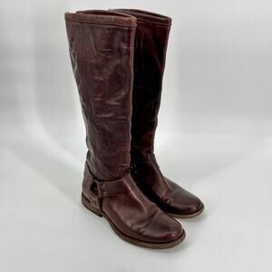 FRYE Phillip Harness Tall Riding Boots Womens 6.5 B Brown Leather 76850 Zip Back